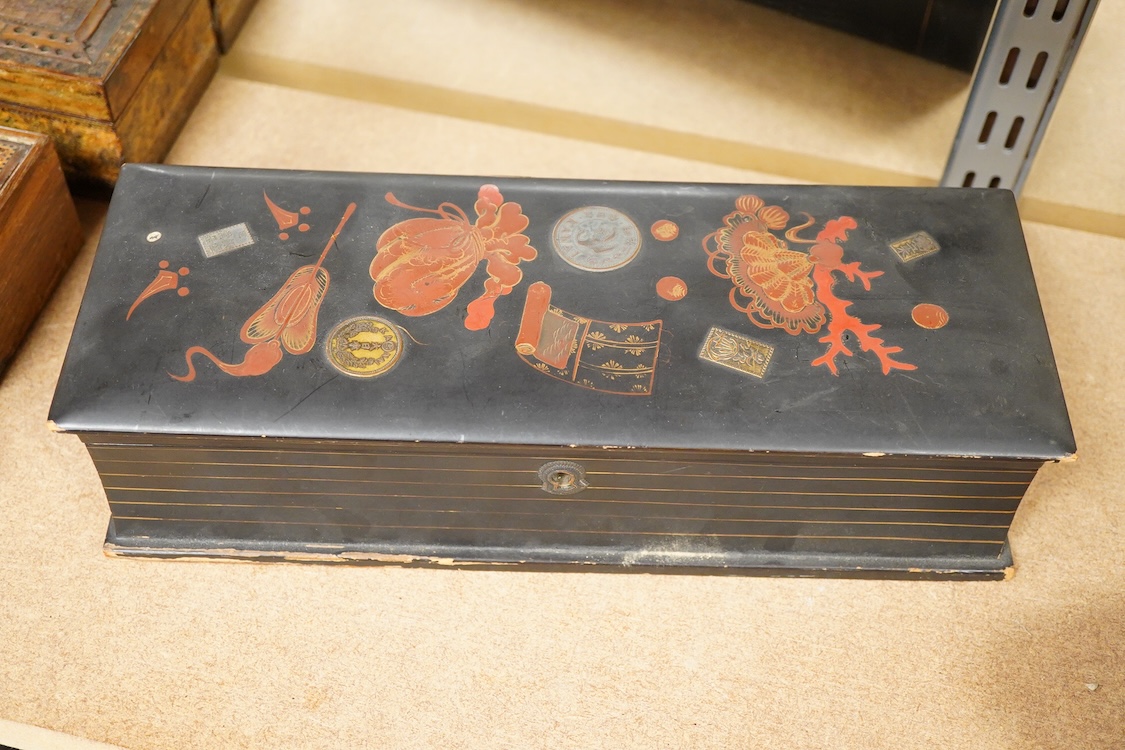 A Japanese lacquer box and a horn carving, box 30cm wide